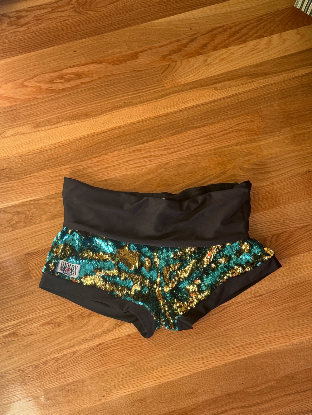 Sequin Fold-Over Waist Women’s Shorts - Teal & Gold Derby Kiss shorts